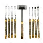 Dental Chisel Set Of 9Pcs And Mallet For Bone Splitting Gold With Cassette