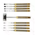 Dental Chisel Set Of 9Pcs And Mallet For Bone Splitting Gold With Cassette